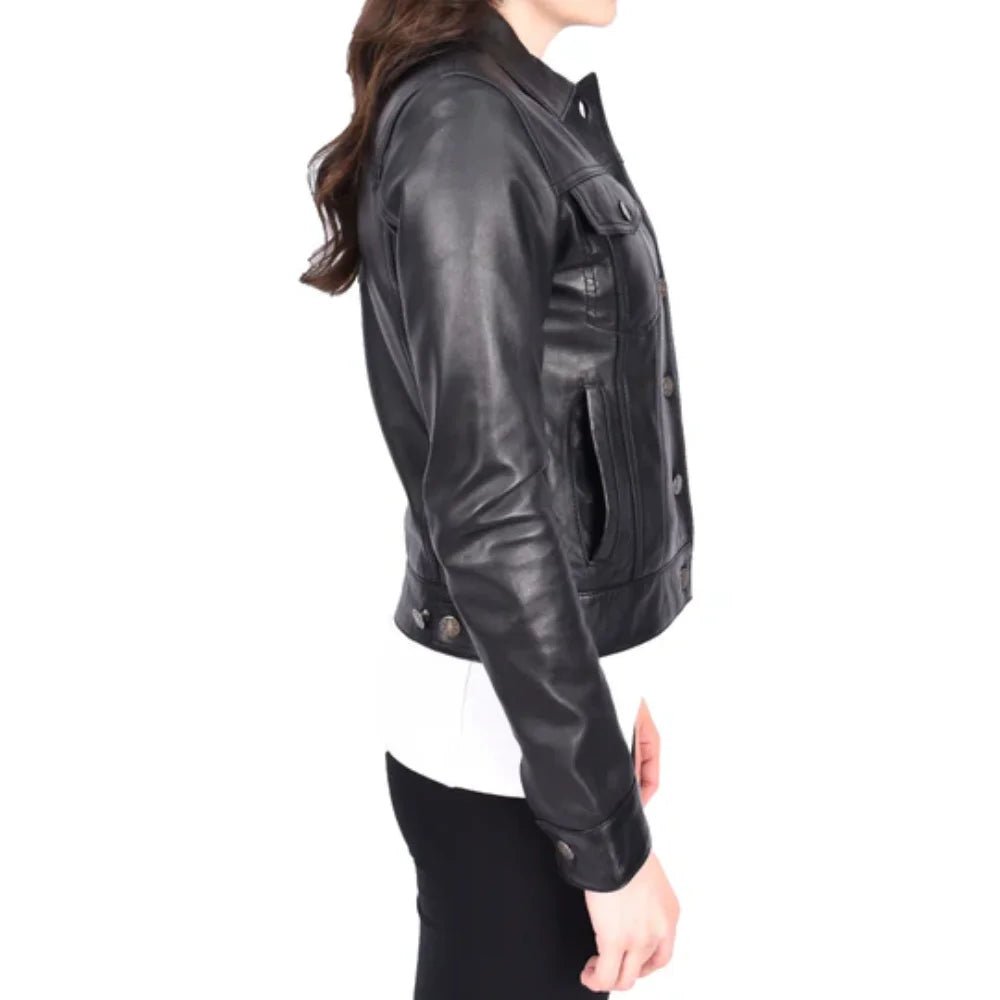 Women’s Classic Black Leather Trucker Jacket - Image 5
