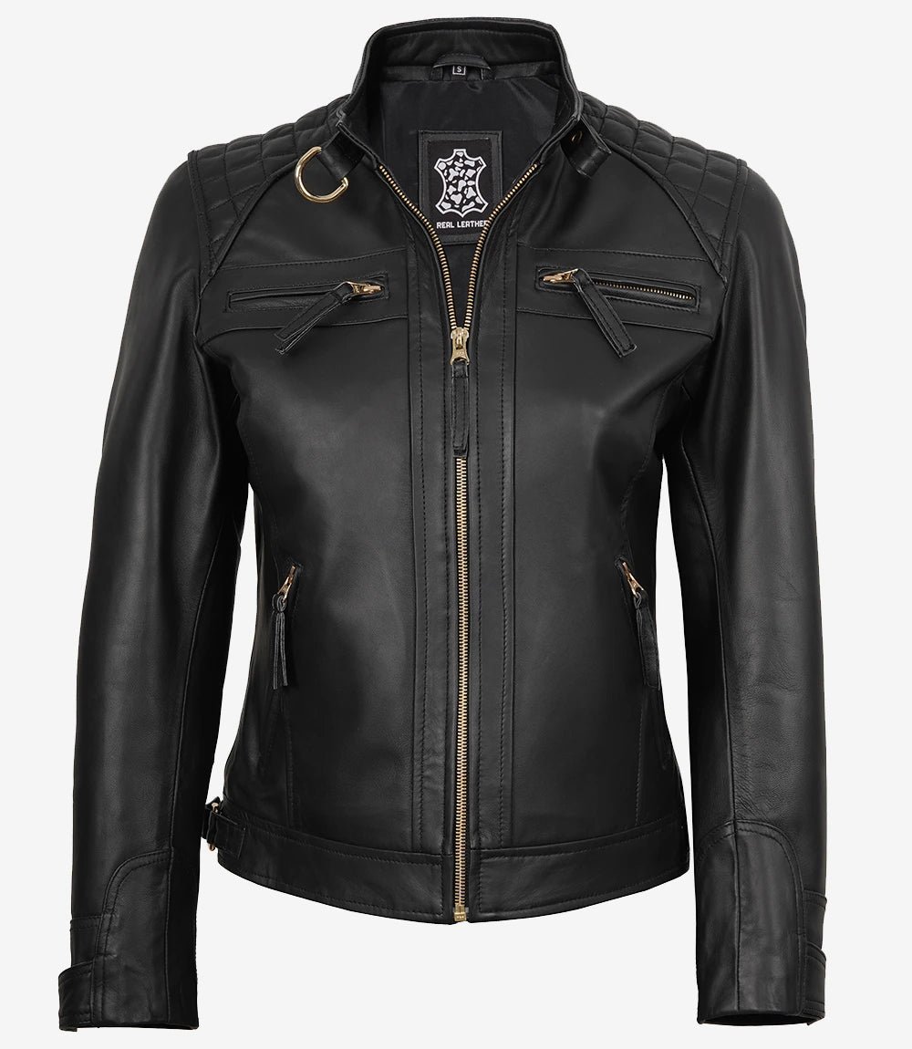 Women's Black Quilted Lambskin Biker Jacket — Gold Zippers & Snap Cuffs - Image 4