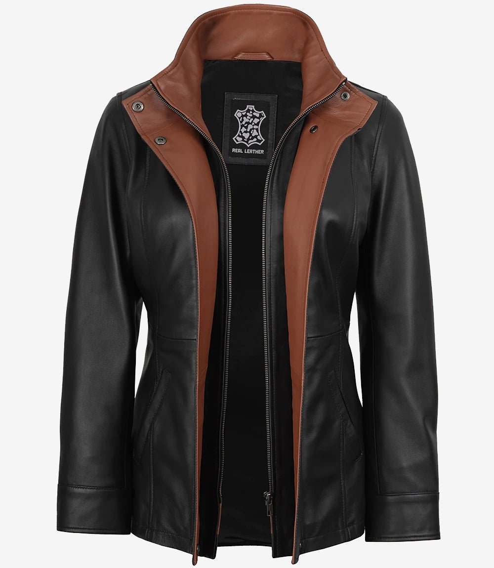 Women's Black Leather Jacket with Brown Contrast Collar - Image 2