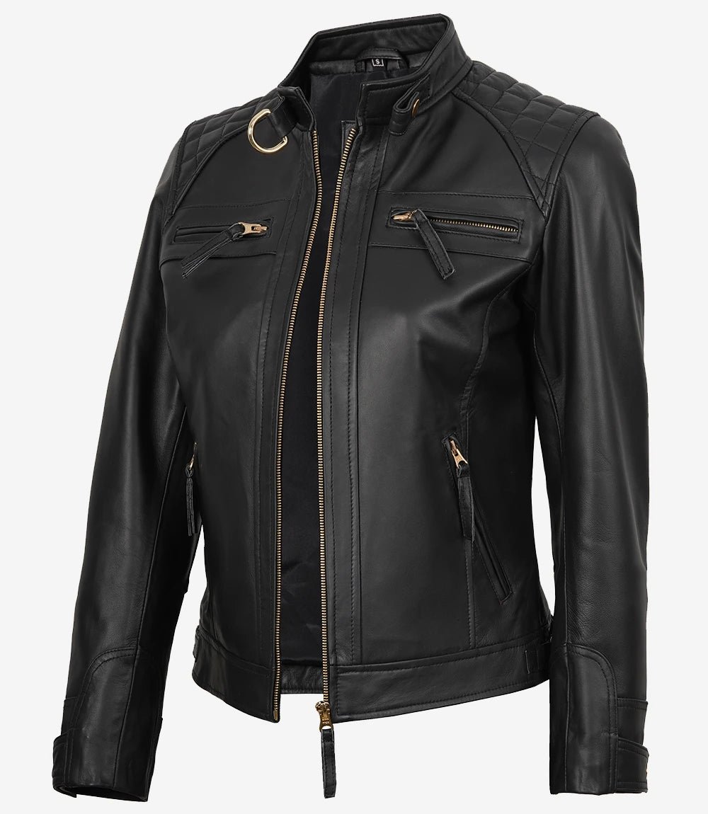 Women's Black Quilted Lambskin Biker Jacket — Gold Zippers & Snap Cuffs - Image 3