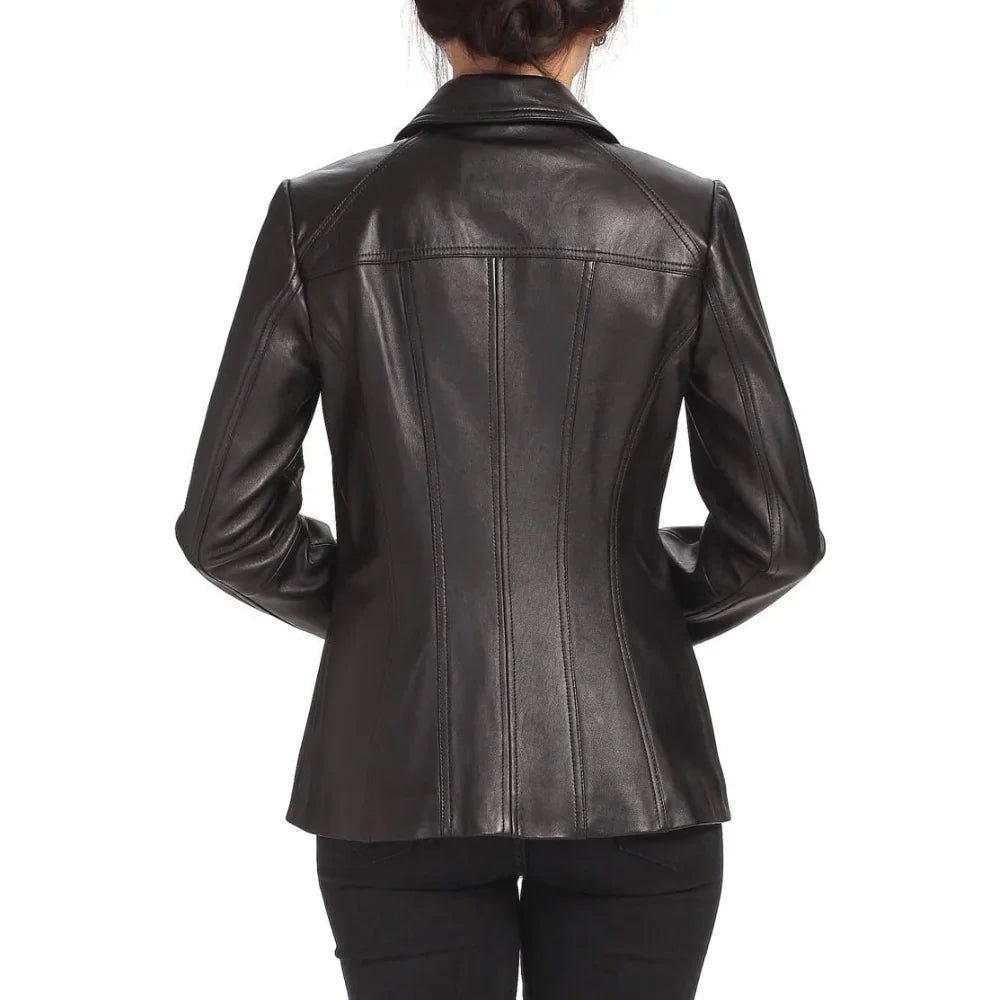 Women's Black Shirt Collar Zip Up Leather Jacket - Image 6