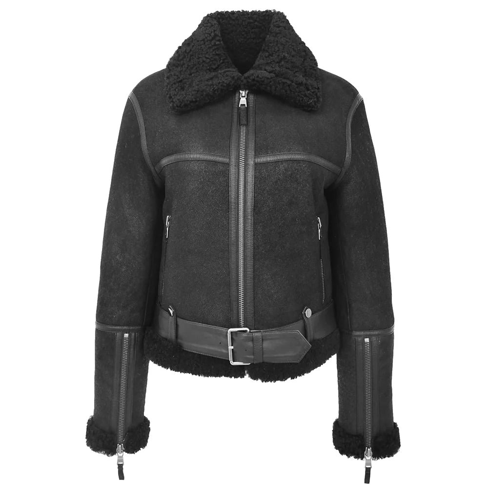 Women’s Black Sheepskin Belted Aviator Jacket