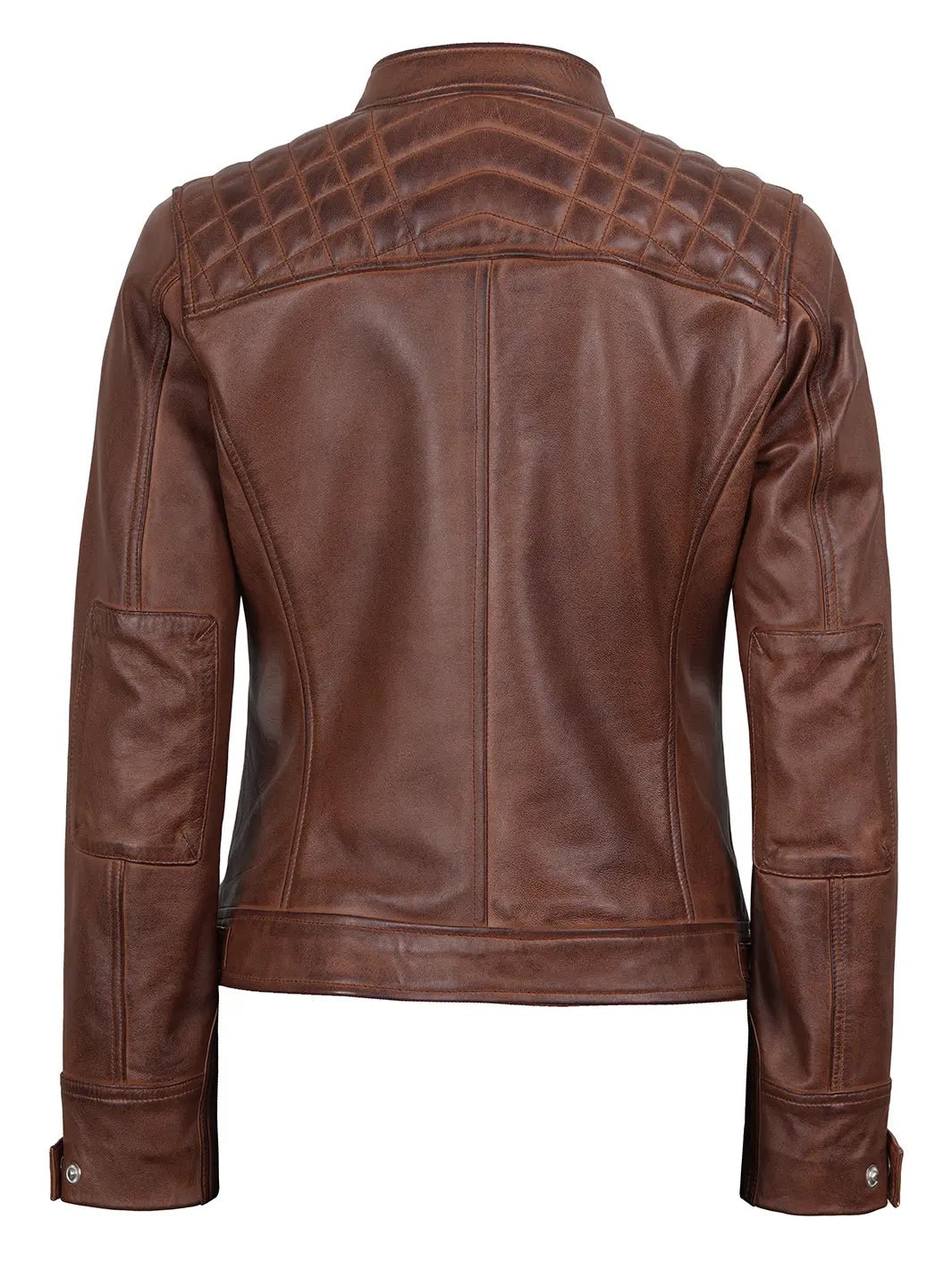 Women's Cognac Brown Leather Cafe Racer Jacket - Image 2