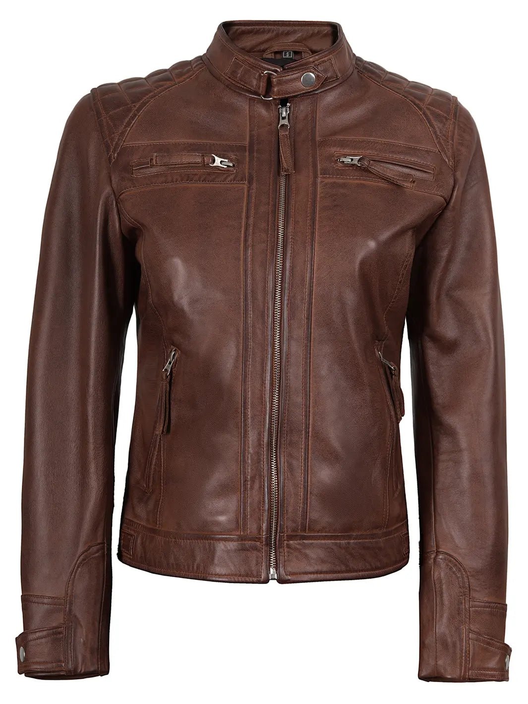 Women's Cognac Brown Leather Cafe Racer Jacket - Image 4