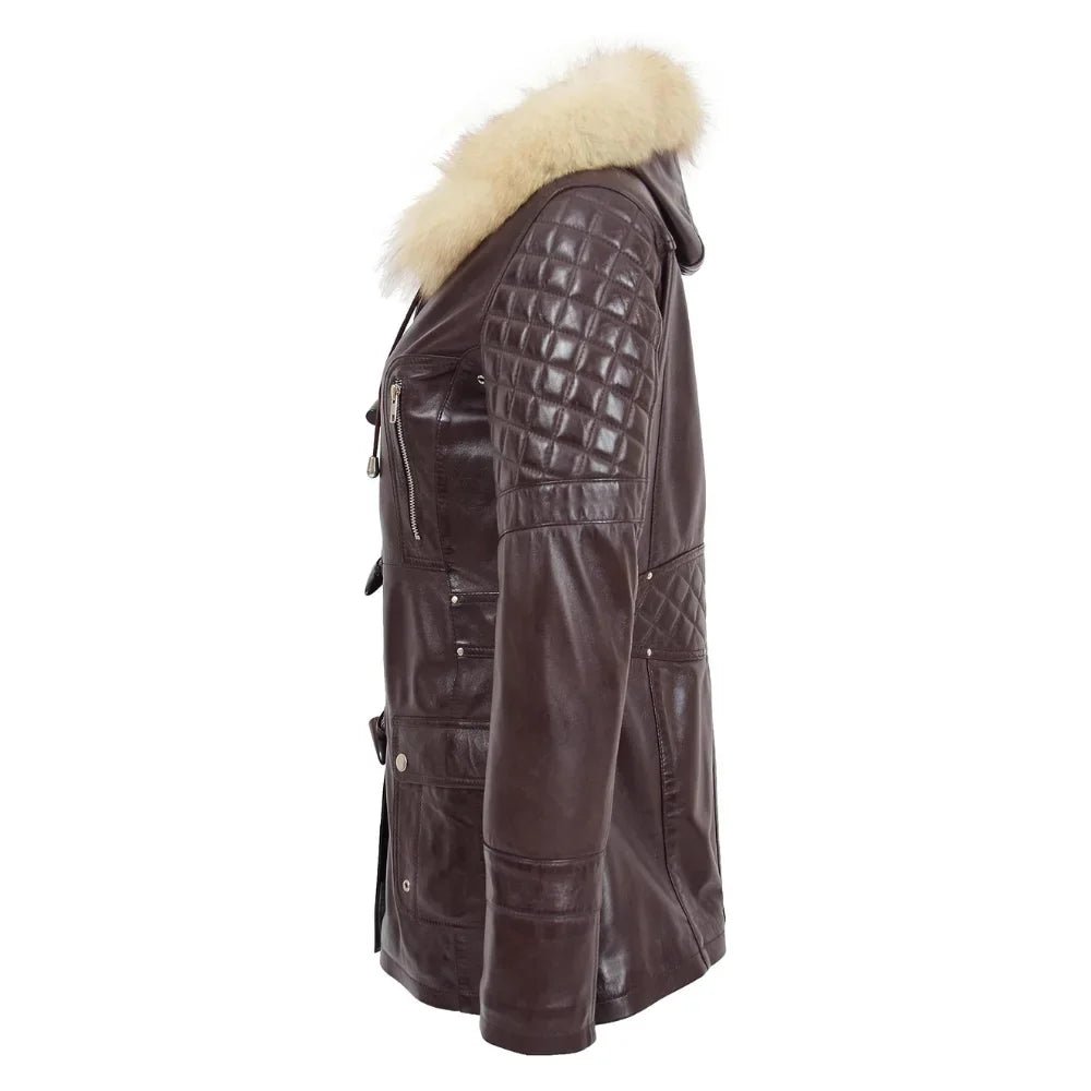 Women’s Ariel Brown Sheepskin Leather Duffle Coat with Removable Sherpa Hood - Image 5