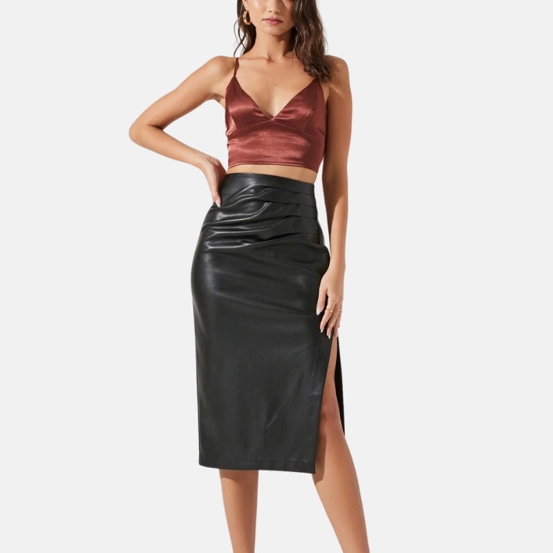 Women's Classic Black Leather Pencil Midi Skirt - Image 2