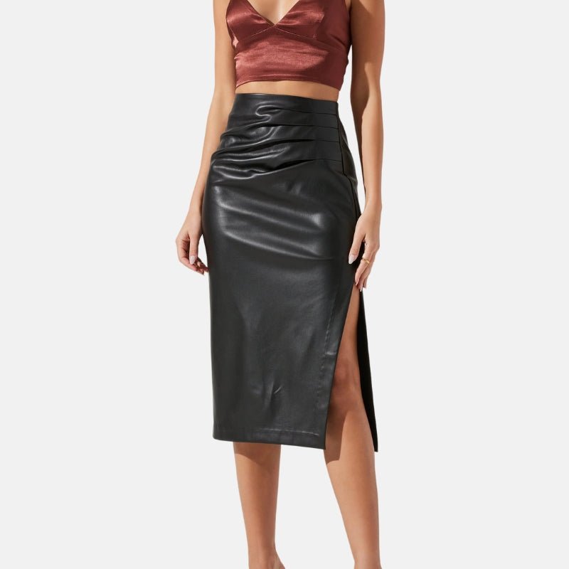 Women's Classic Black Leather Pencil Midi Skirt - Image 3