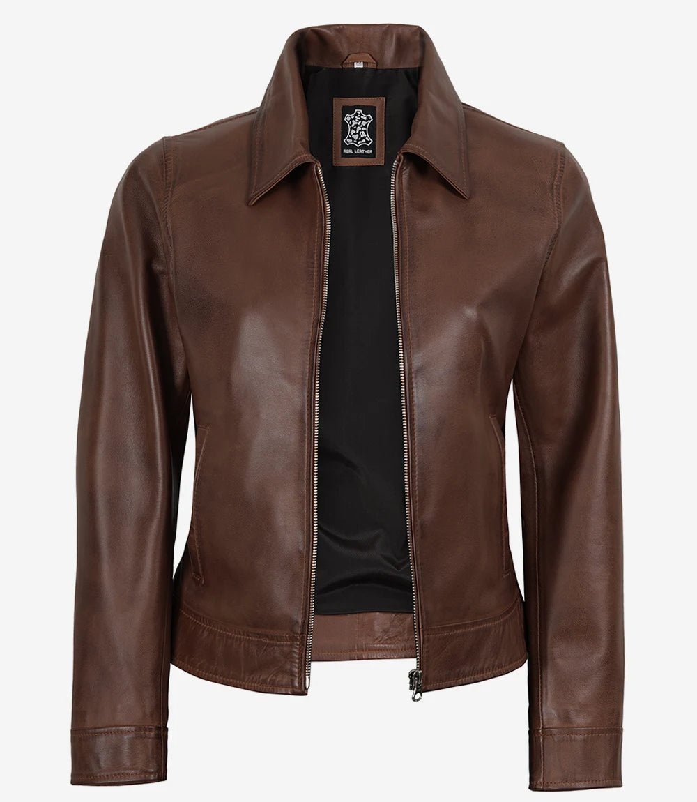 Women's Cognac Wax Harrington Leather Jacket - Image 2
