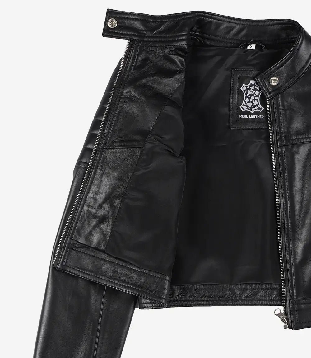 Women's Black Cropped Biker Style Leather Jacket - Image 6