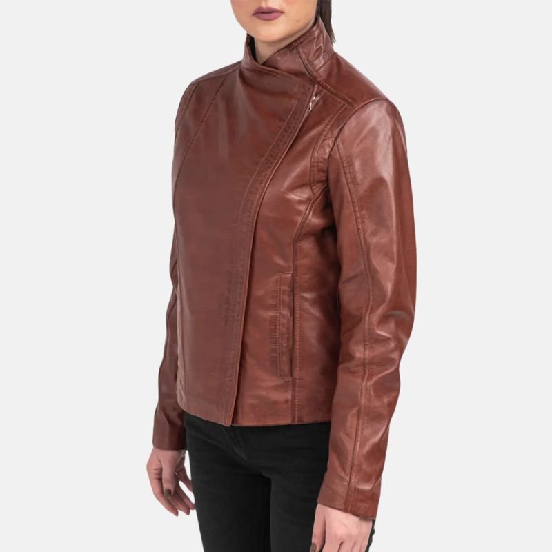 Womens Asymmetrical Dark Brown Leather Biker Jacket - Image 3