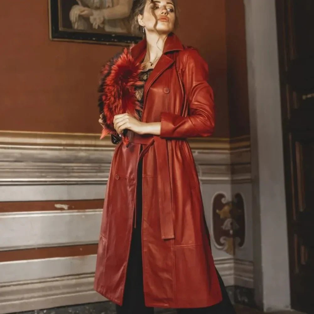 Women’s Red Double-Breasted Leather Coat - Image 6