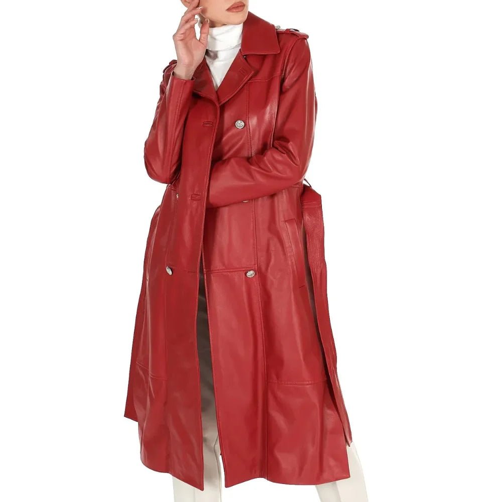 Women’s Red Double-Breasted Leather Coat - Image 4