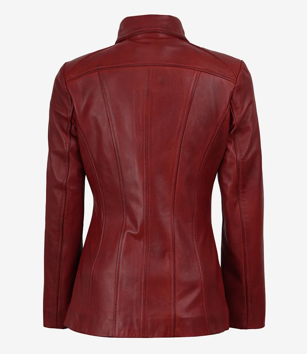 Women's Red Lambskin Leather Car Coat with Shirt Collar - Image 2