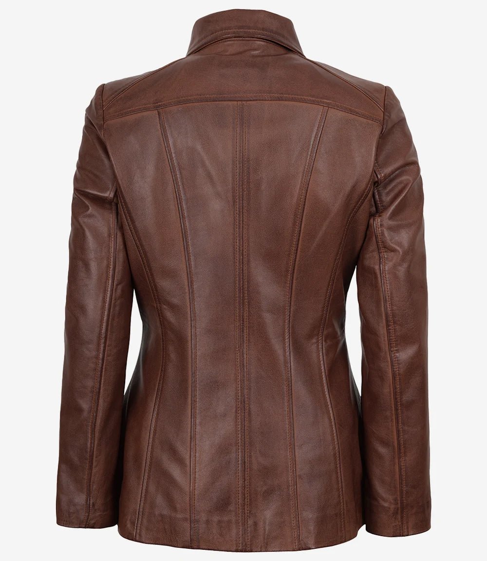 Marsha Women's Real Leather Cognac Brown Car Coat - Image 2