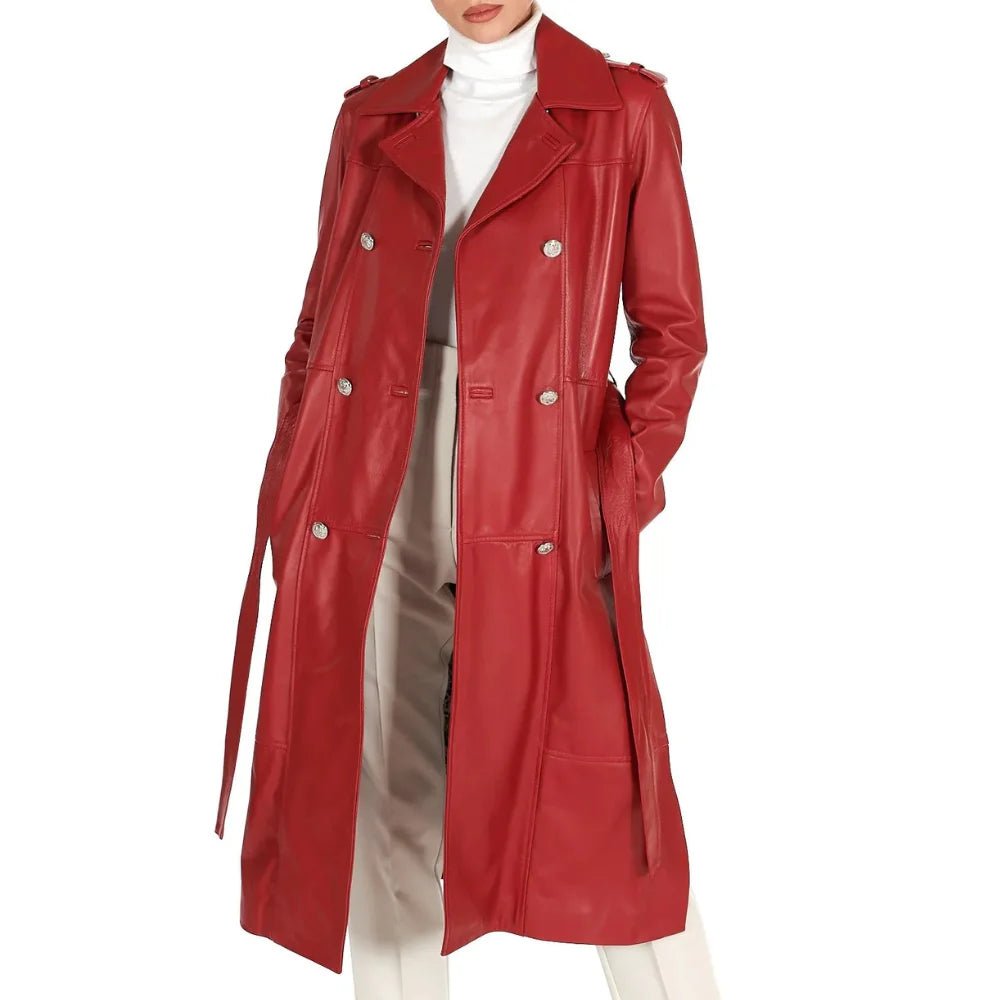 Women’s Red Double-Breasted Leather Coat - Image 2