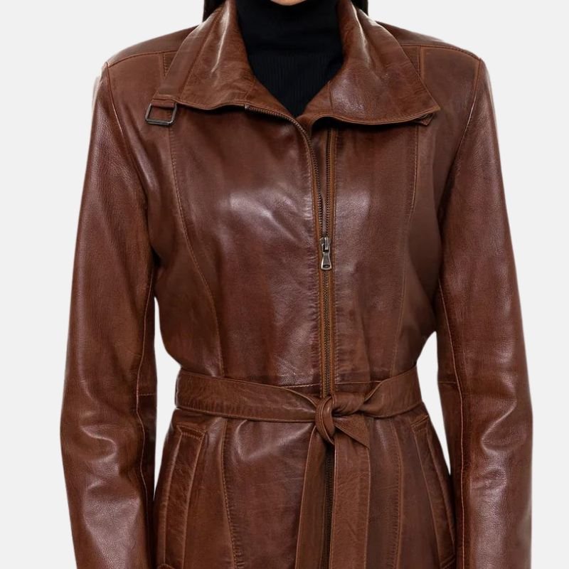 Womens Leather Belted 3/4 Length Brown Trench Coat - Image 2