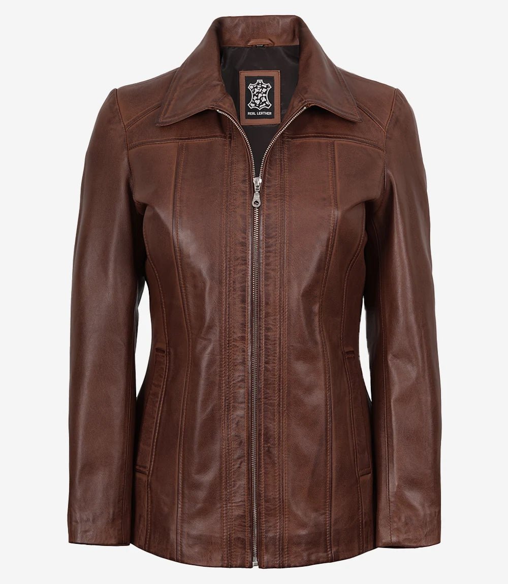 Marsha Women's Real Leather Cognac Brown Car Coat - Image 4