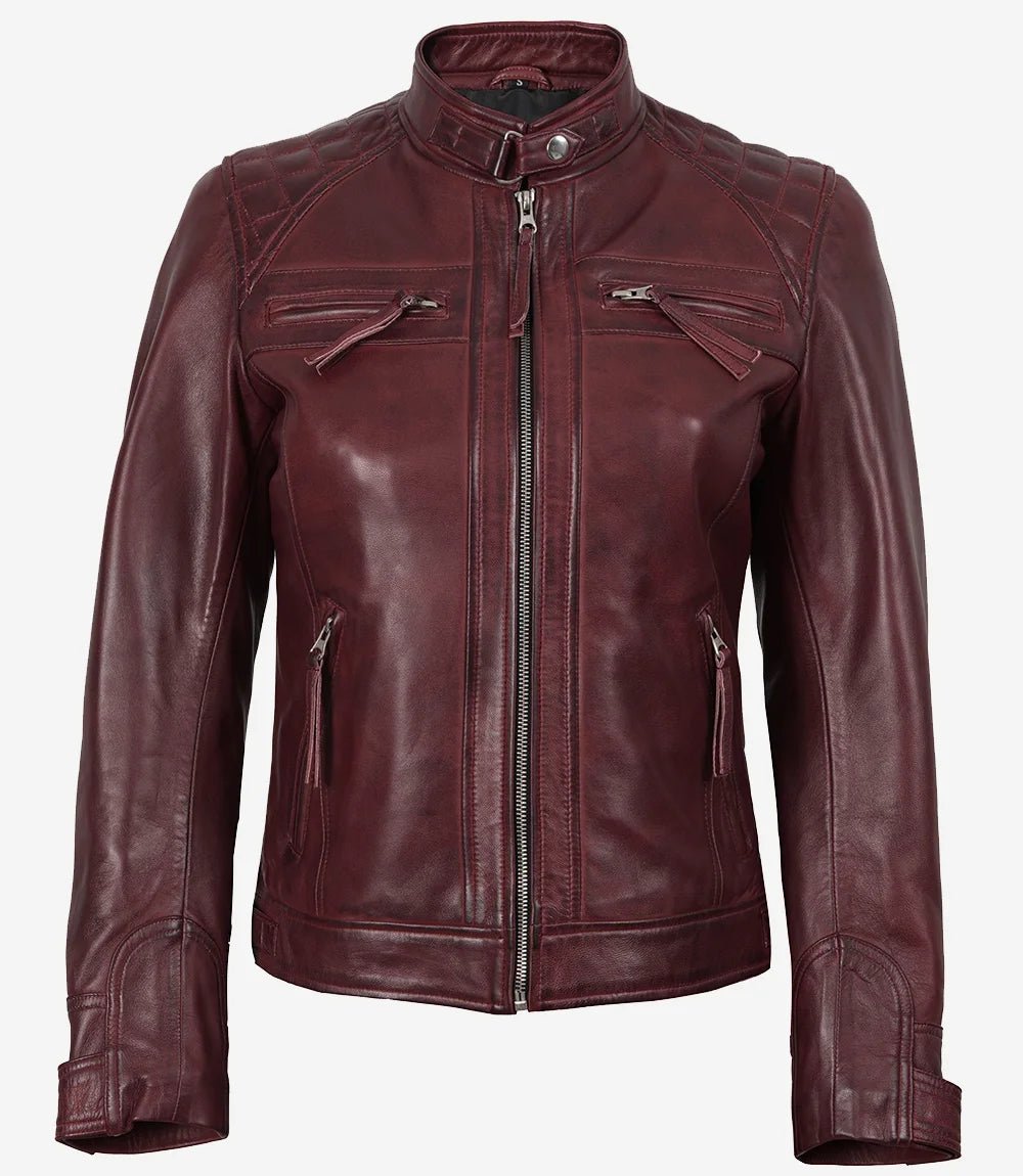 Johnson Women's Burgundy Quilted Cafe Racer Leather Jacket - Image 4