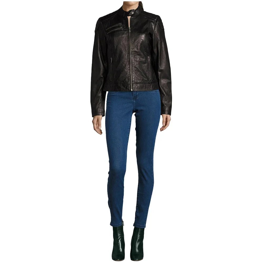 Tall Women’s Black Nubuck Cowhide Biker Jacket with High Collar - Image 4