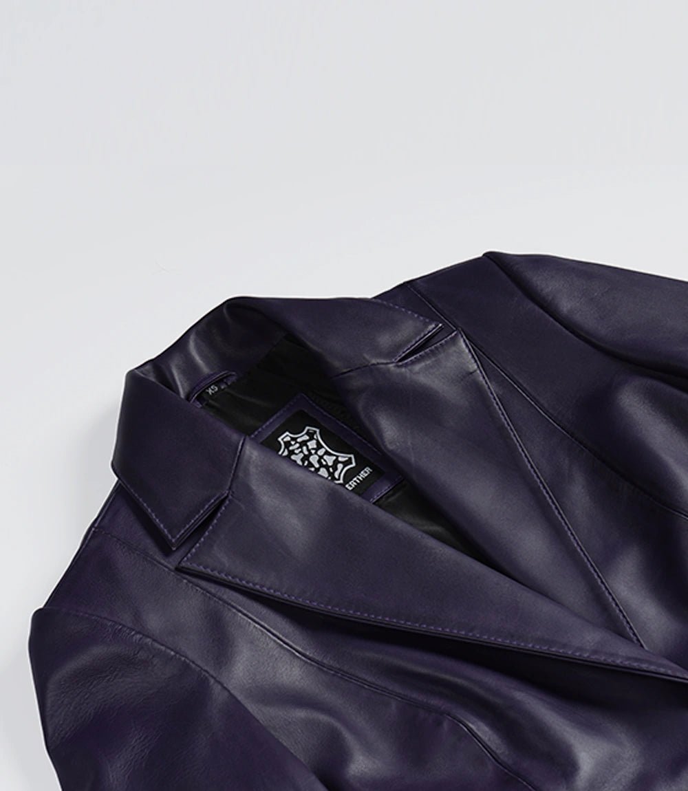 Women's Single Button Purple Real Leather Blazer - Image 5