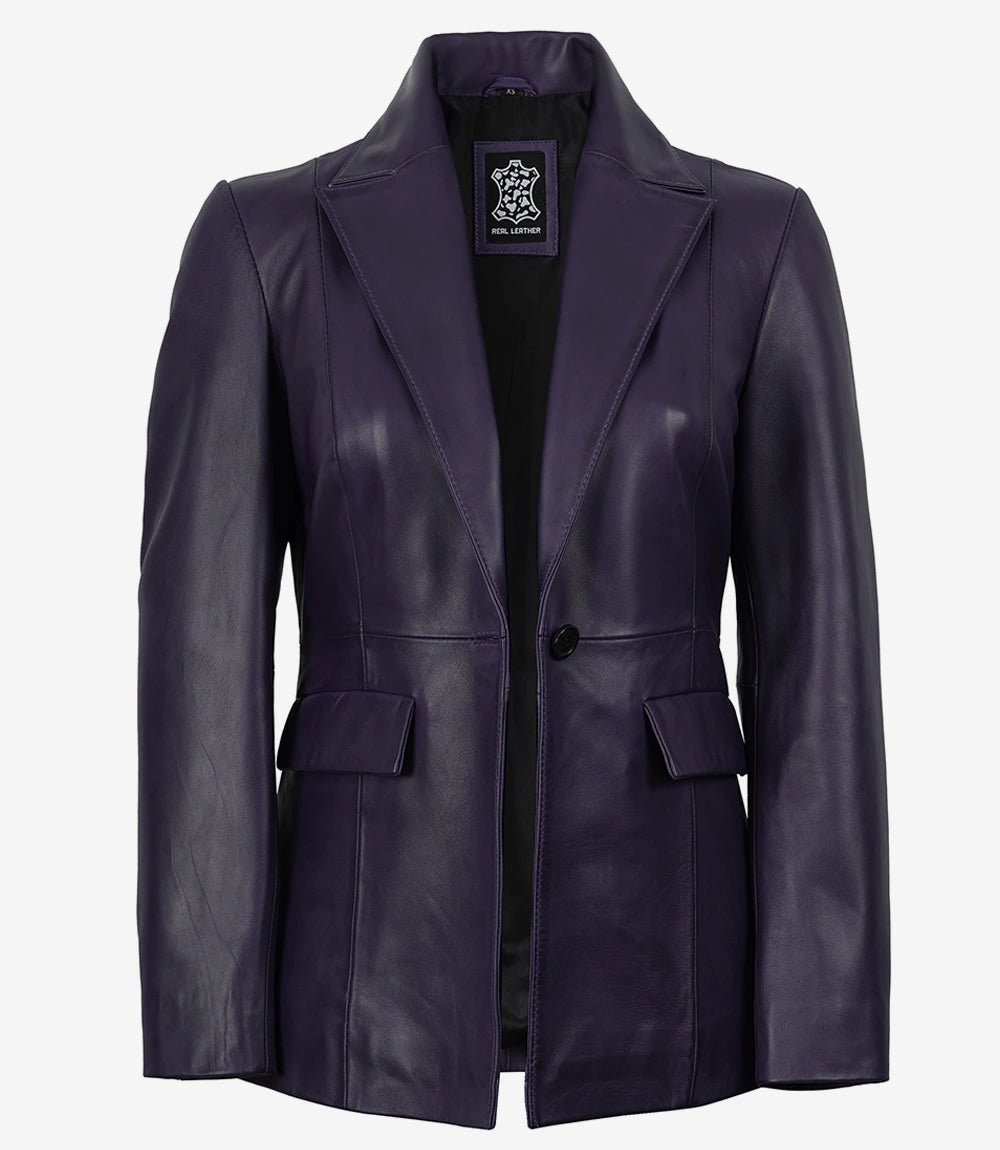 Women's Single Button Purple Real Leather Blazer - Image 3