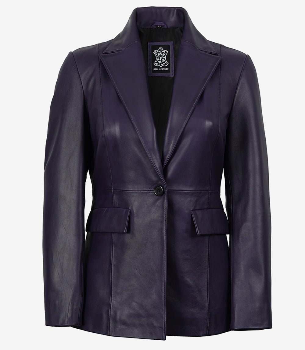 Women's Single Button Purple Real Leather Blazer - Image 4
