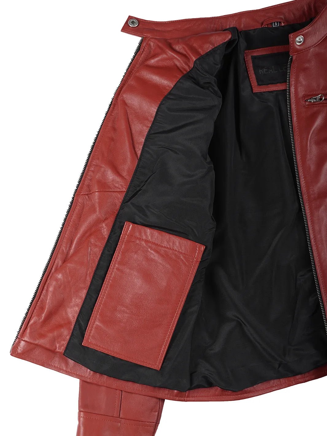 Women’s Red Lambskin Leather Cafe Racer Jacket - Image 6
