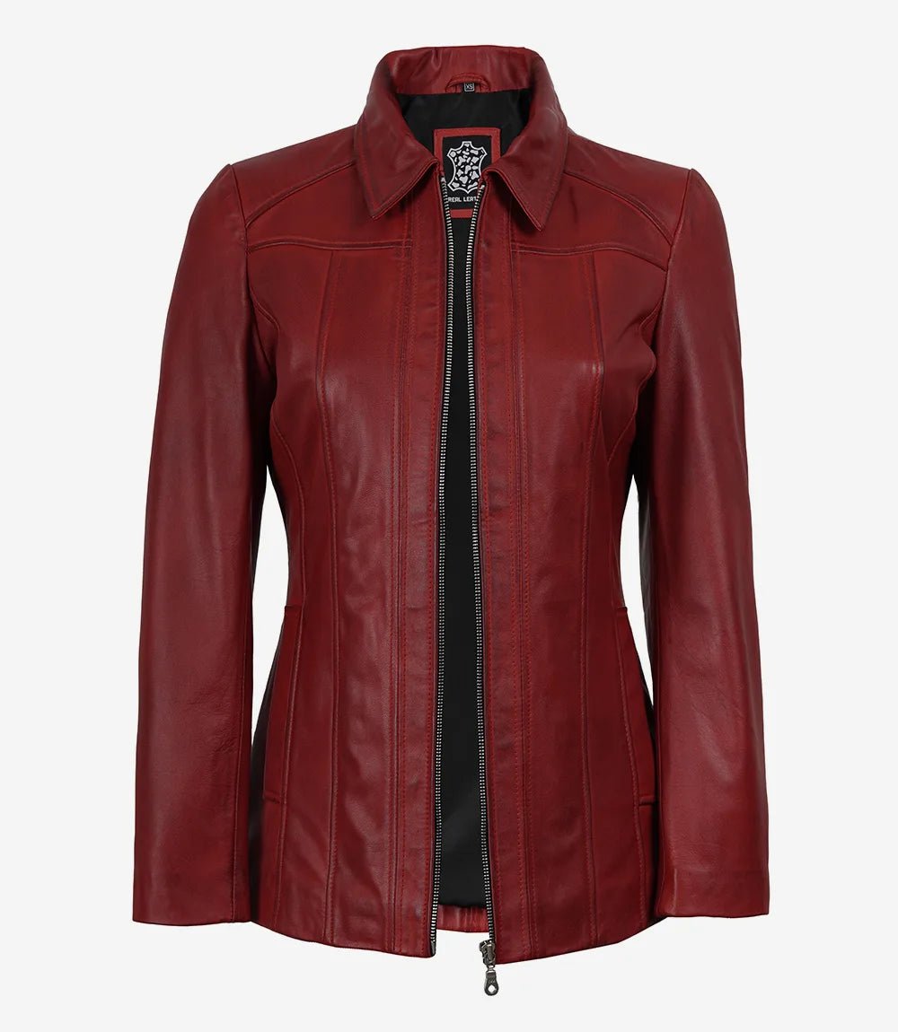 Women's Red Lambskin Leather Car Coat with Shirt Collar - Image 3