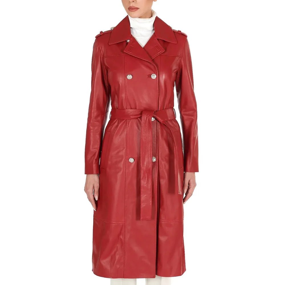 Women’s Red Double-Breasted Leather Coat