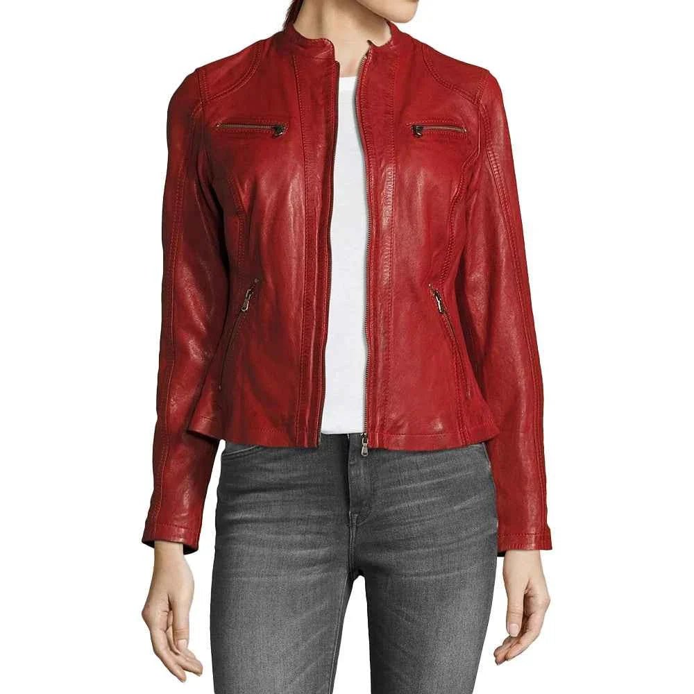 Allen Red Leather Biker Jacket Womens - Image 2