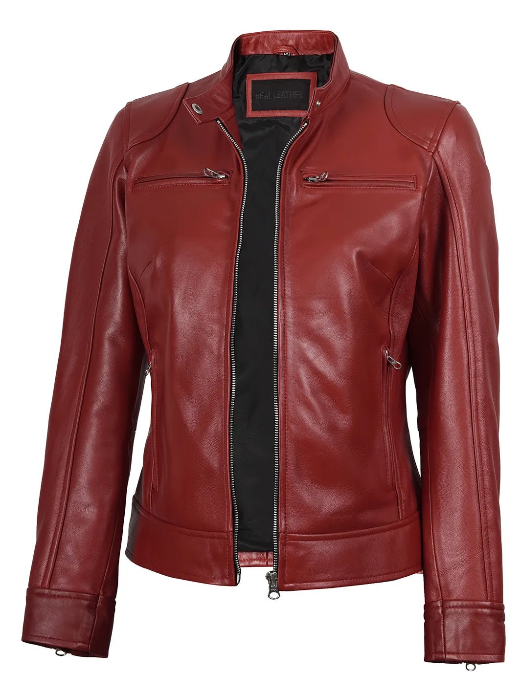 Women’s Red Lambskin Leather Cafe Racer Jacket