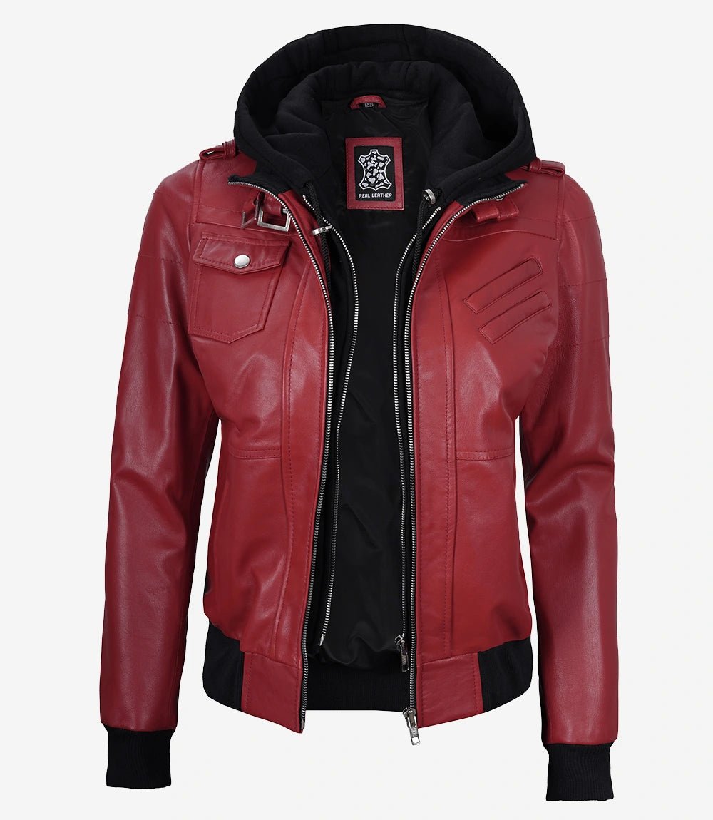 Women's Red Lambskin Jacket with Removable Hood - Image 5