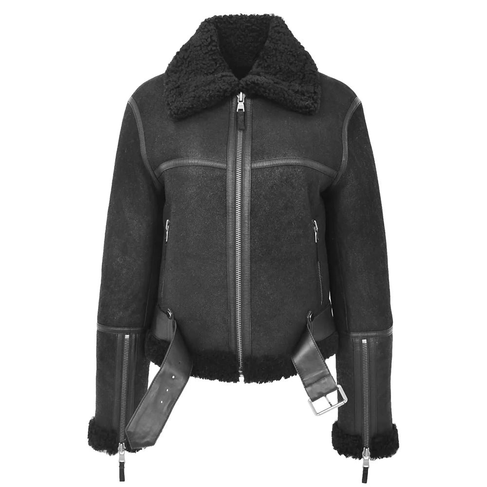 Women’s Black Sheepskin Belted Aviator Jacket - Image 3