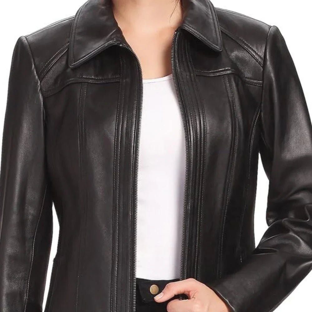 Women's Black Shirt Collar Zip Up Leather Jacket - Image 2