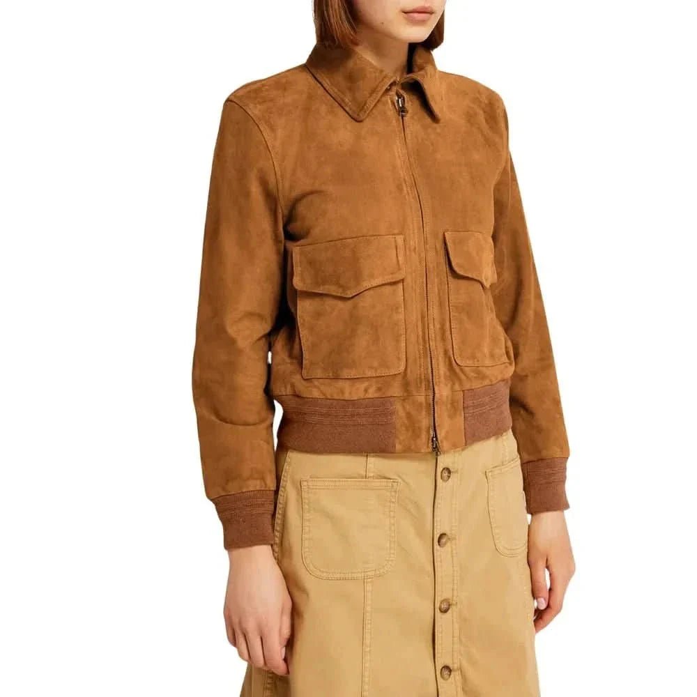 Womens Camel Lauren Brown Suede Bomber Jacket - Image 2