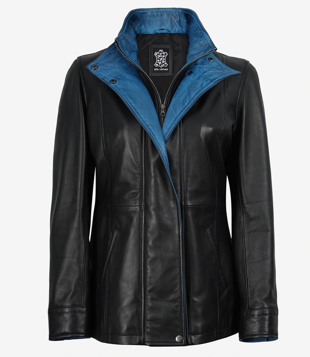 Erin Women's Black Leather Jacket with Blue Inner Lapel - Image 4