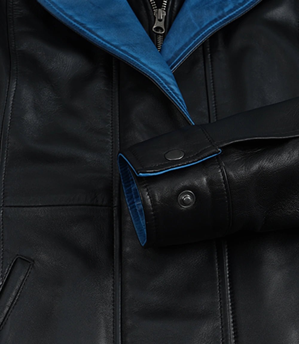 Erin Women's Black Leather Jacket with Blue Inner Lapel - Image 6
