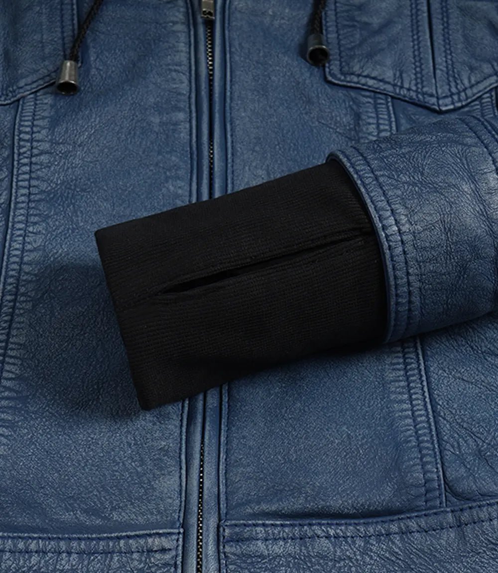 Women's Blue Leather Jacket with Removable Hood - Washed Denim Look - Image 7