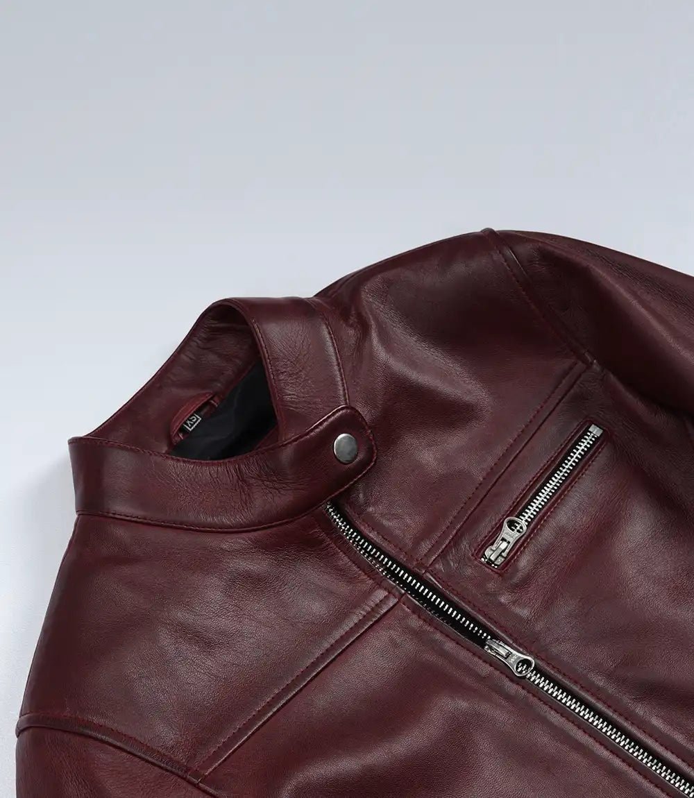Women's Burgundy Wax Lambskin Cafe Racer Jacket - Image 5
