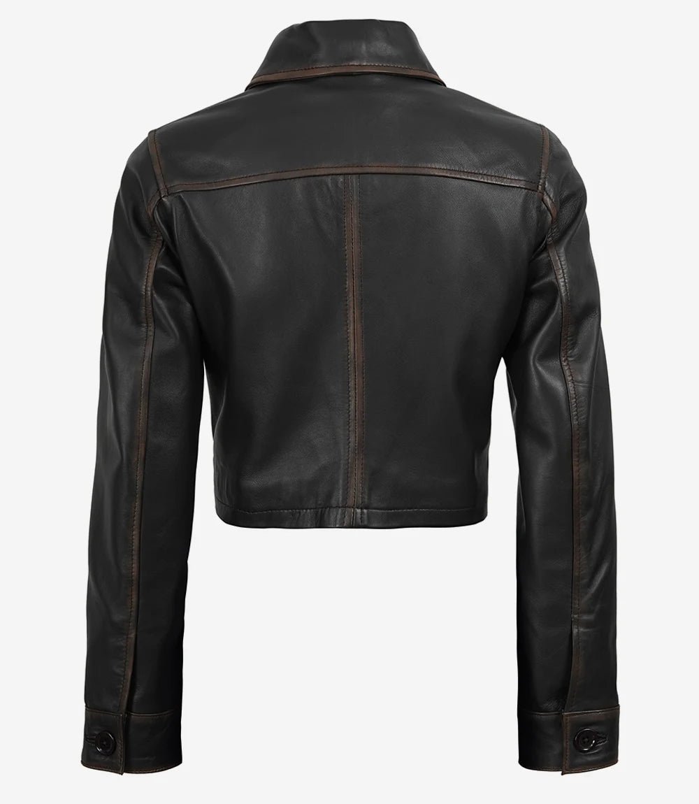 Women's Dark Brown Cropped Harrington Leather Jacket - Image 4