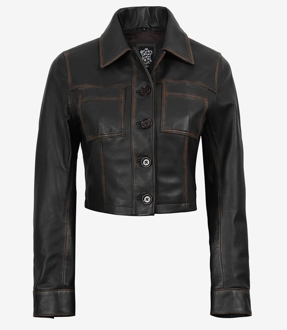 Women's Dark Brown Cropped Harrington Leather Jacket - Image 3