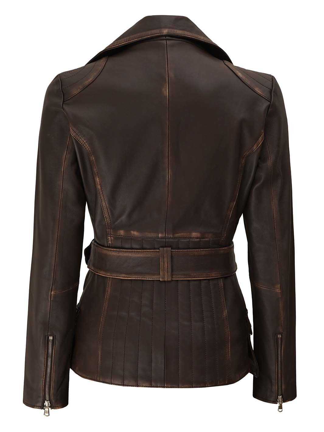 Women's Distressed Brown Asymmetrical Leather Biker Style Jacket - Image 2