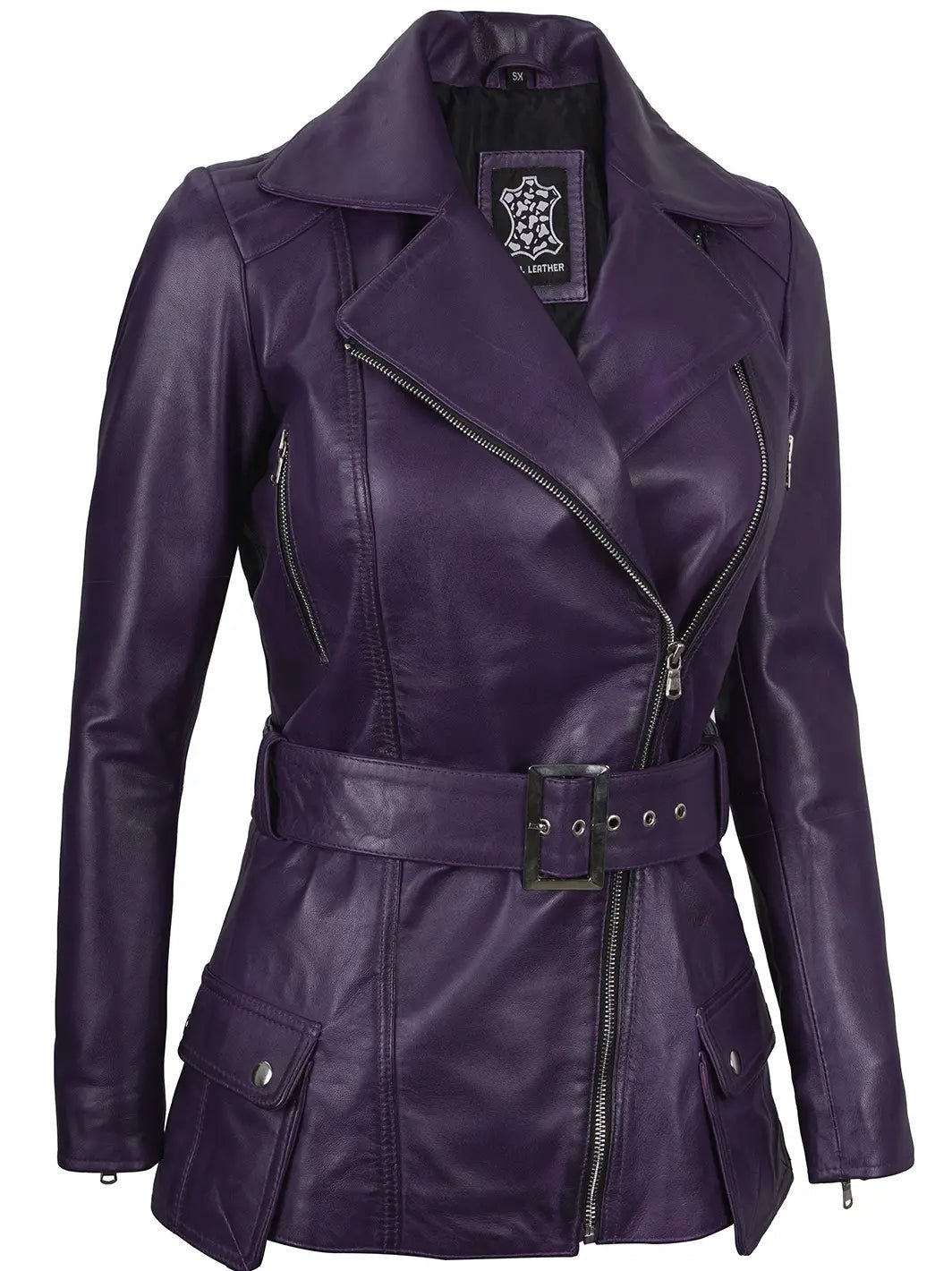 Women’s Purple Lambskin Leather Asymmetrical Biker Jacket - Image 2