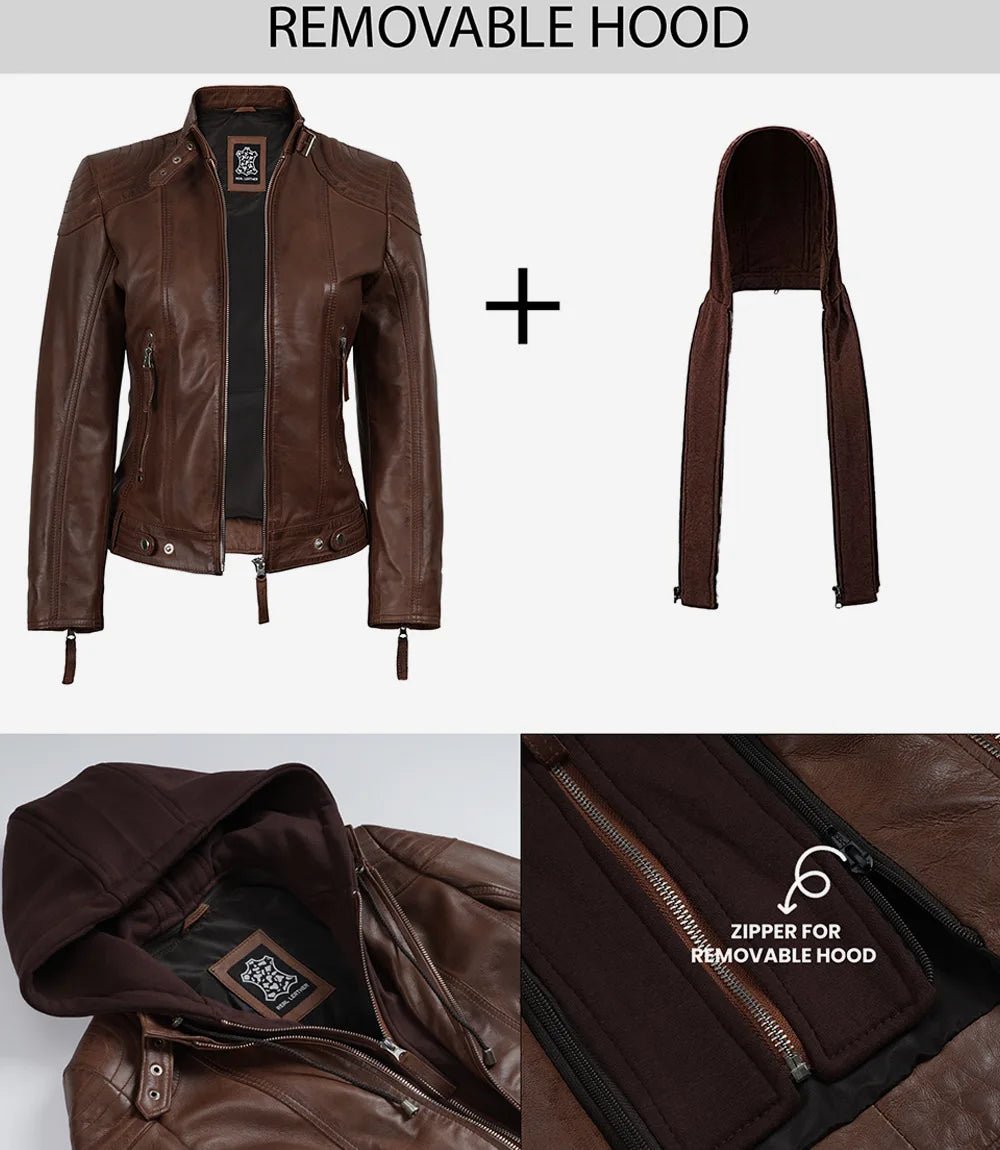 Women's Cognac Brown Real Leather Jacket With Removable Hood - Image 6